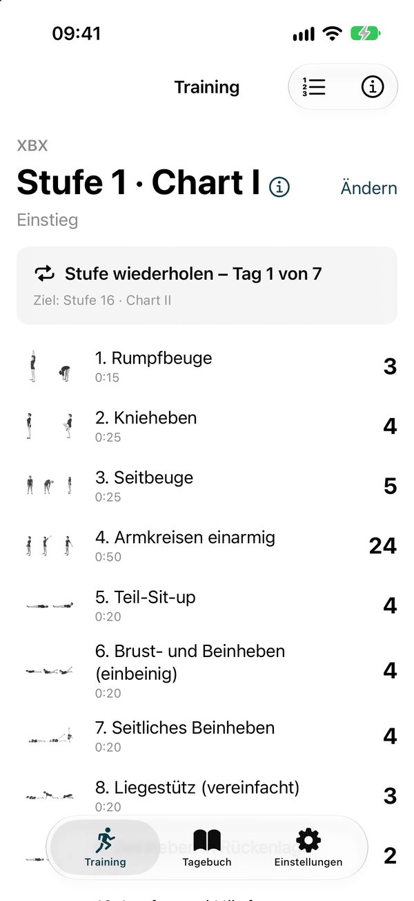 Startbildschirm mit Stufe, Vorschlag und Übungsliste