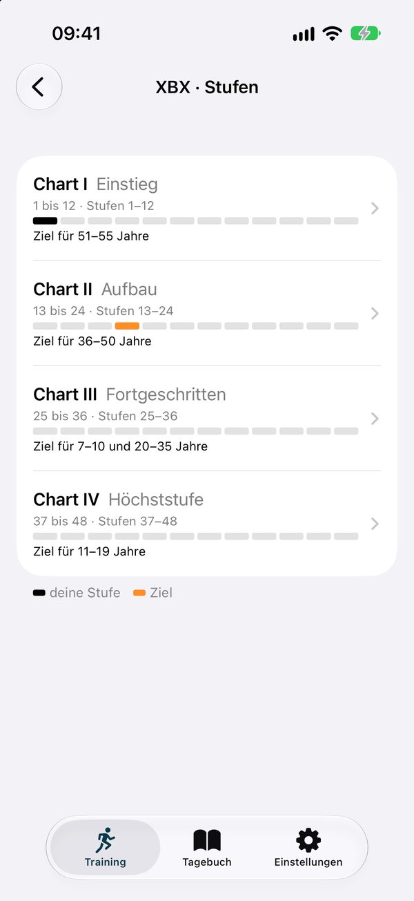 Übersicht der XBX-Charts mit eigener Stufe und Ziel